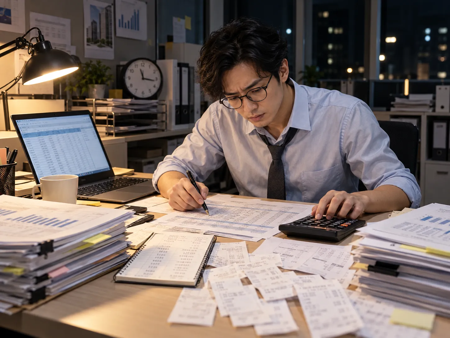 深夜辦公室裡，同仁對著試算表與一疊單據用計算機核對數字