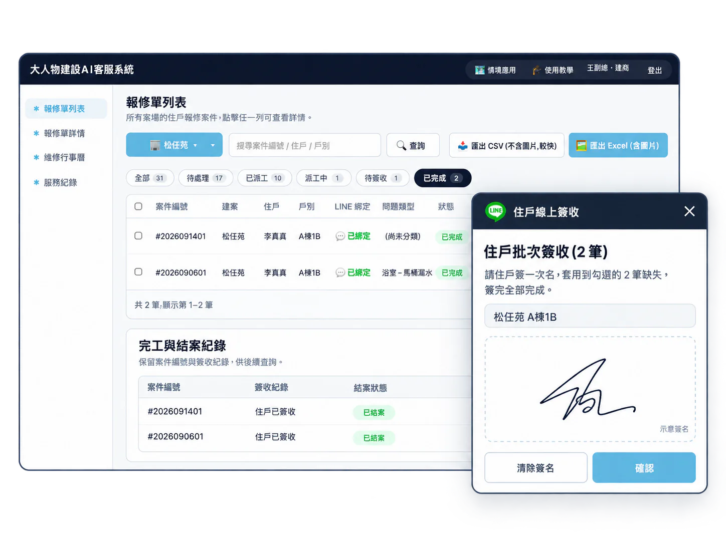 系統畫面：報修單列表與完工結案紀錄，住戶在 LINE 線上簽收視窗簽名確認