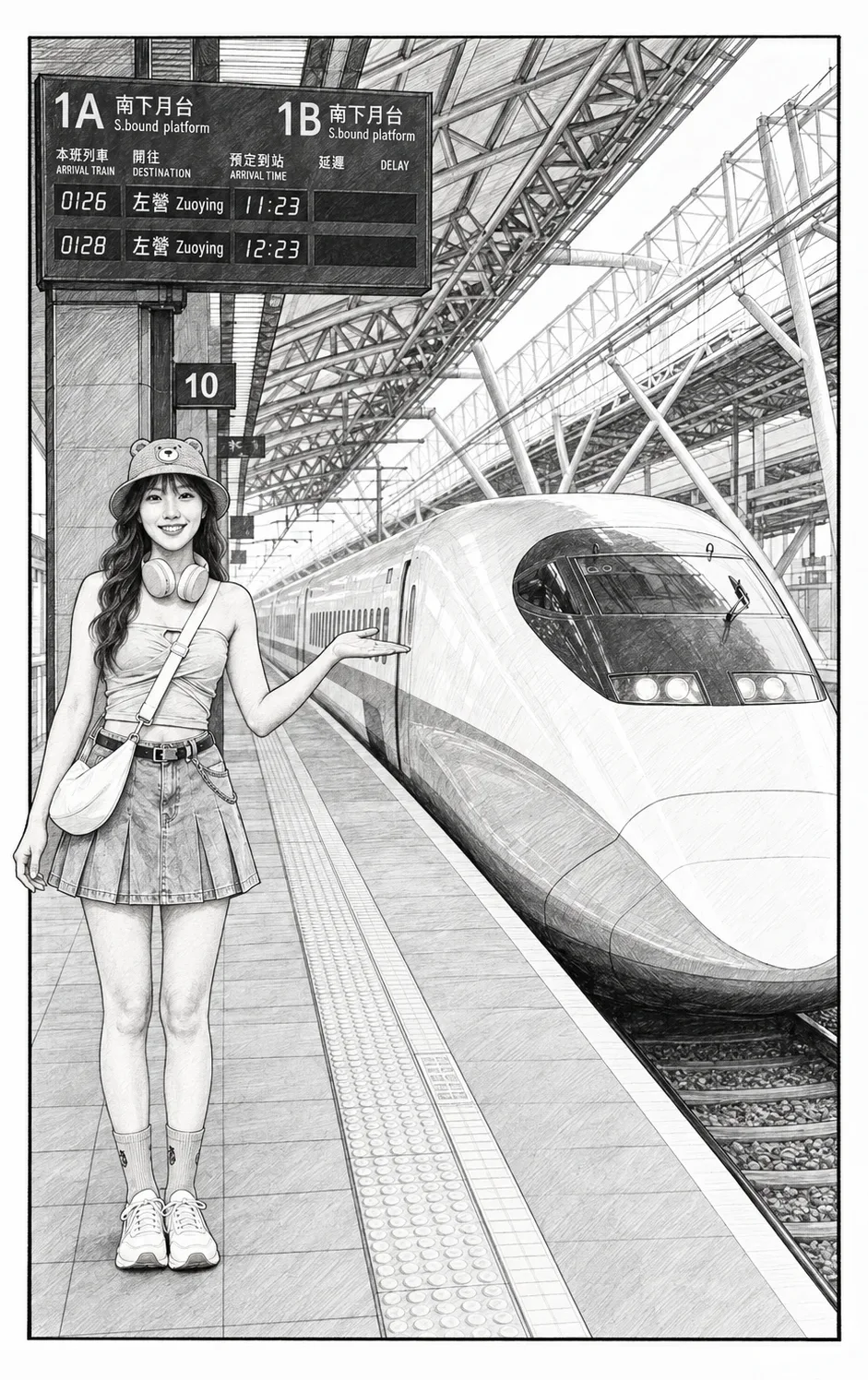 黑白鉛筆分鏡：小熊站在高鐵列車旁，朝列車方向示意